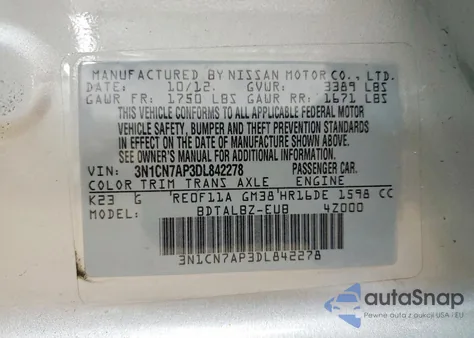 2013 Nissan Versa S z USA, uszkodzony, nr VIN 3N1CN7AP3DL842278